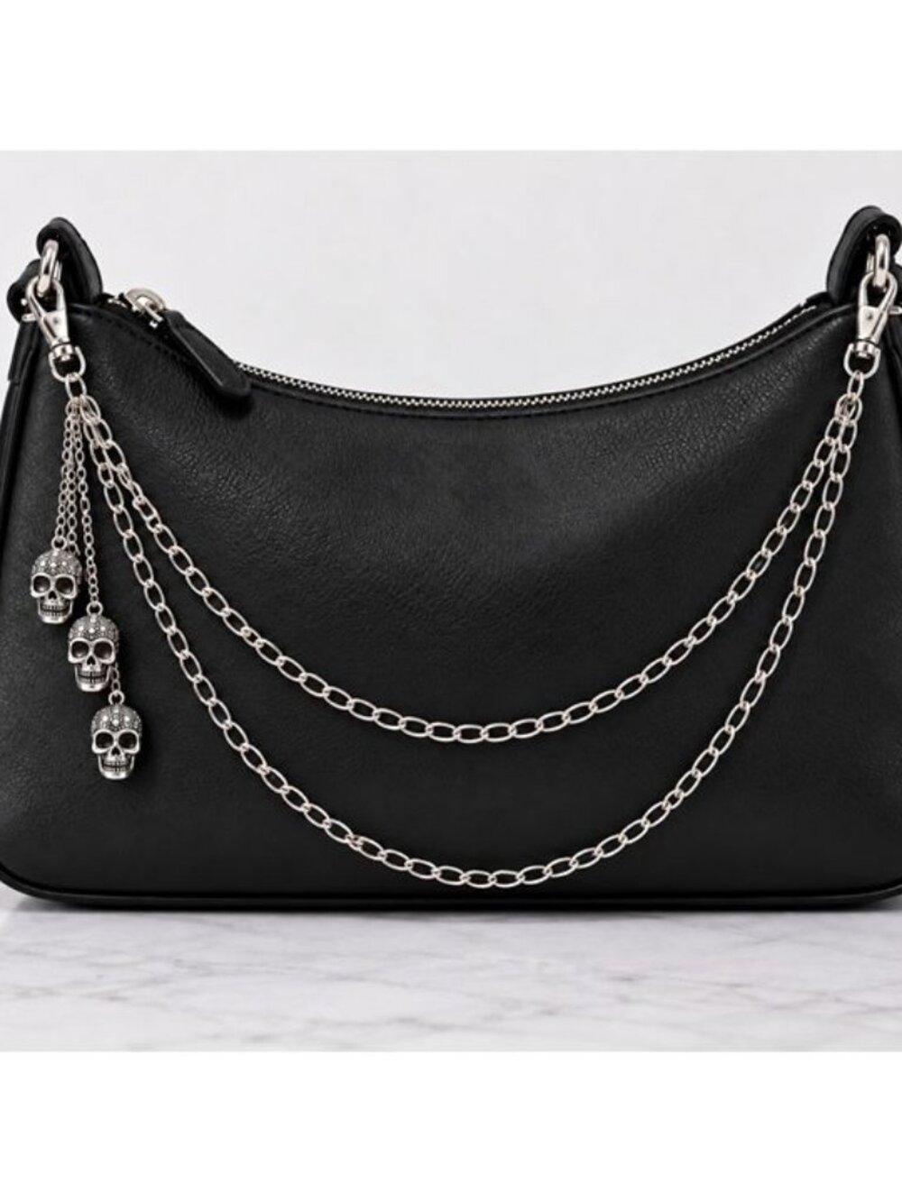 Silver Skull Purse Chain Gothic Layered Bag Charm 20"